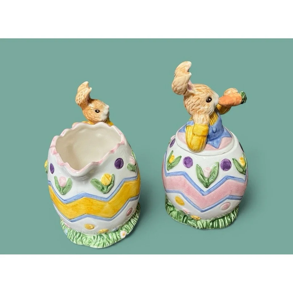 Fitz & Floyd Omnibus Egg-Spress Bunny Rabbit Creamer And Sugar Bowl Spring‎ READ